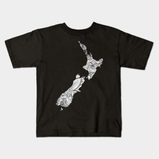 Mandala art map of New Zealand with text in white Kids T-Shirt